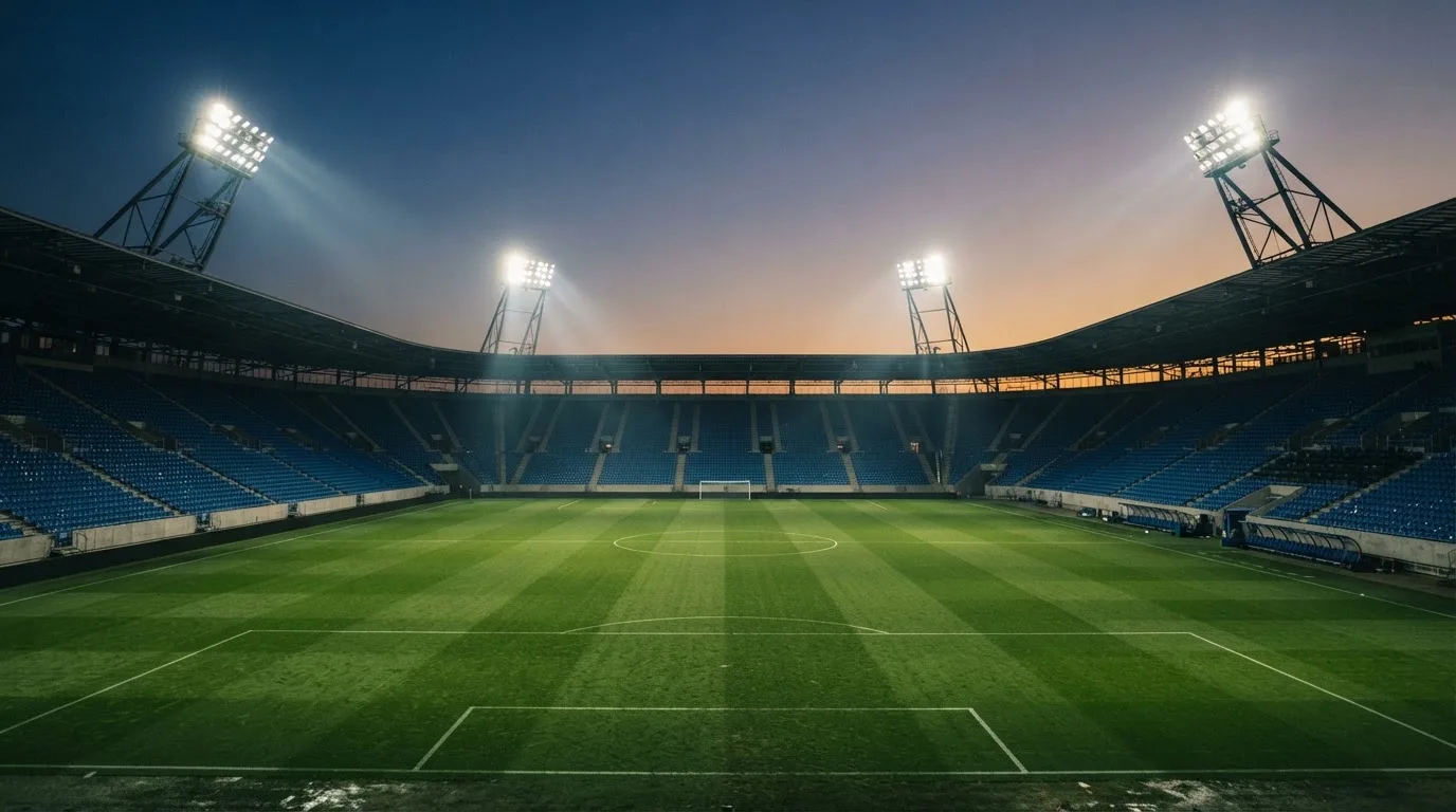 Een leeg voetbalstadion met lichtmasten bij schemering