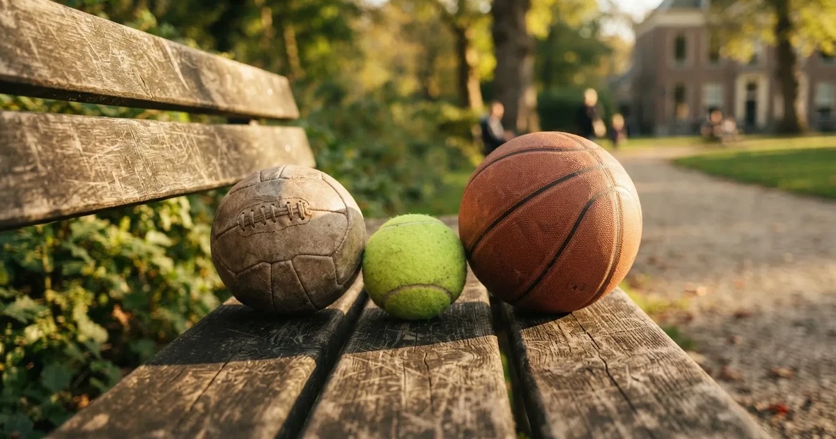 Drie ballen van verschillende soorten naast elkaar op een houten bank