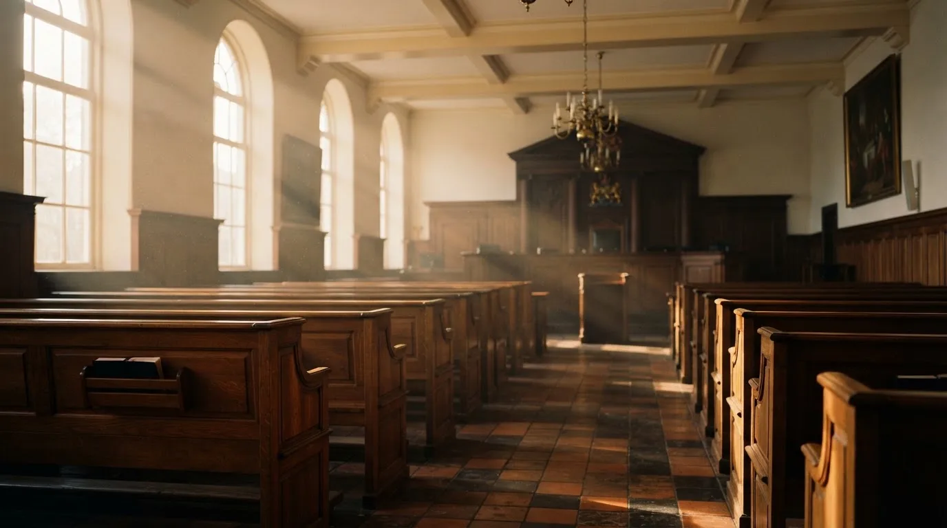 Een lege rechtszaal met houten banken in het ochtendlicht