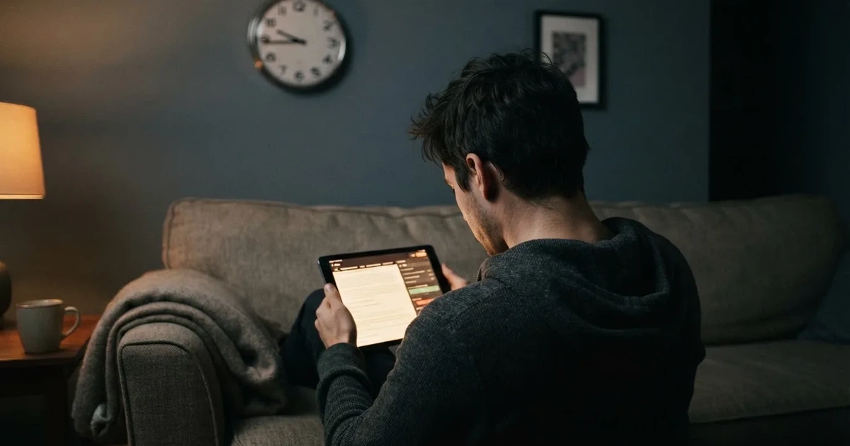 Een persoon op de bank kijkt peinzend naar een tablet, op de achtergrond een klok aan de muur