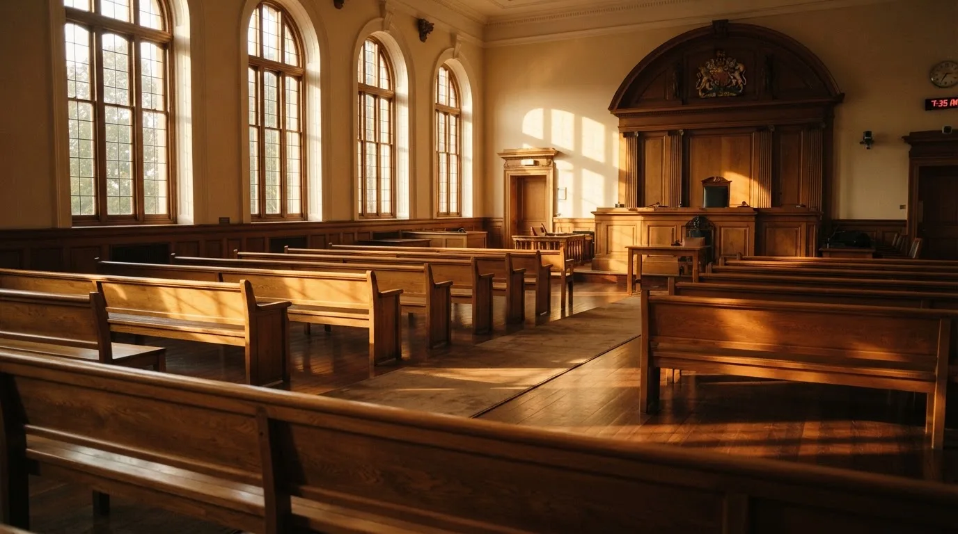 Een lege rechtszaal met houten banken in het ochtendlicht
