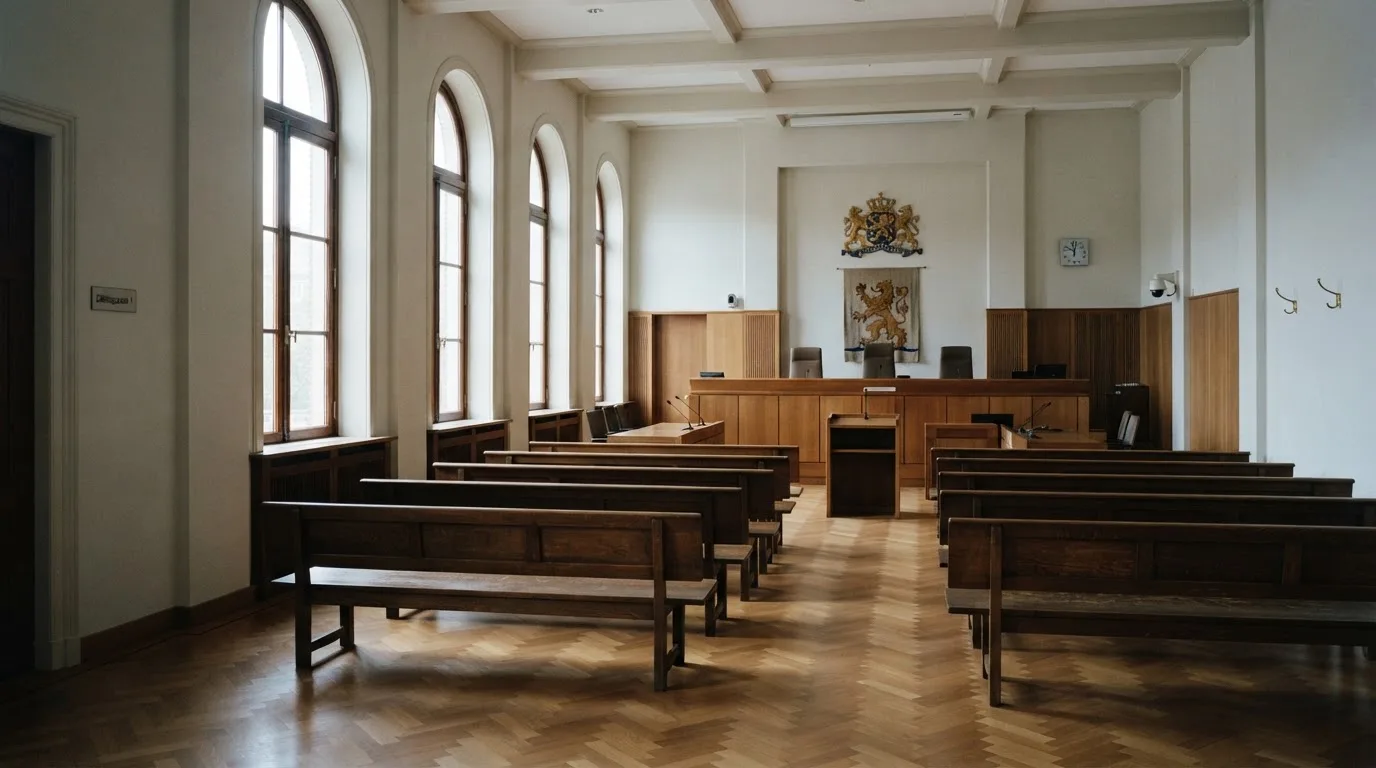 Een lege rechtszaal met houten banken in het ochtendlicht