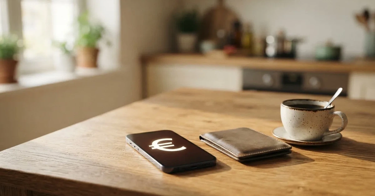 Een smartphone op een houten tafel naast een portemonnee en een kopje koffie