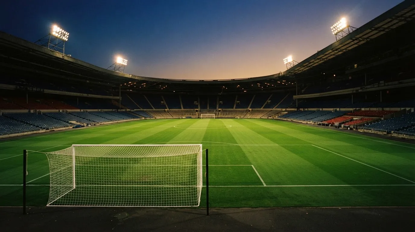 Een leeg voetbalstadion met lichtmasten bij schemering