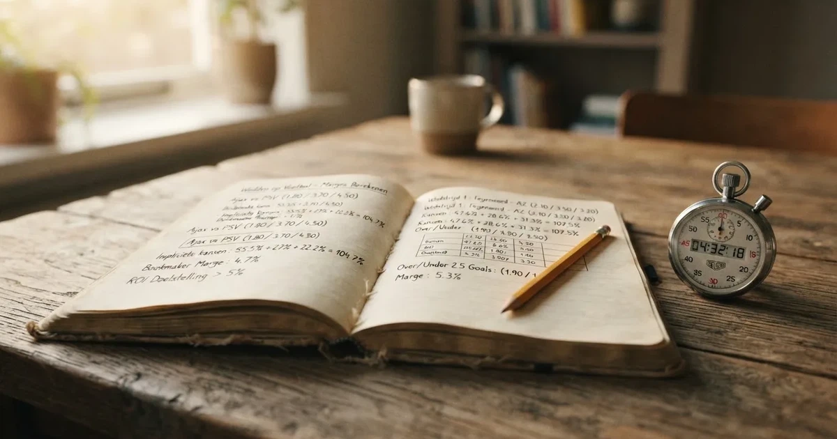 Een opengeslagen notitieboek met een potlood en een stopwatch op een houten tafel