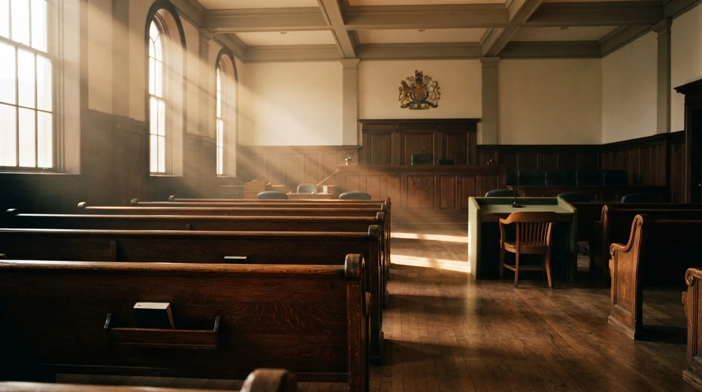 Een lege rechtszaal met houten banken in het ochtendlicht