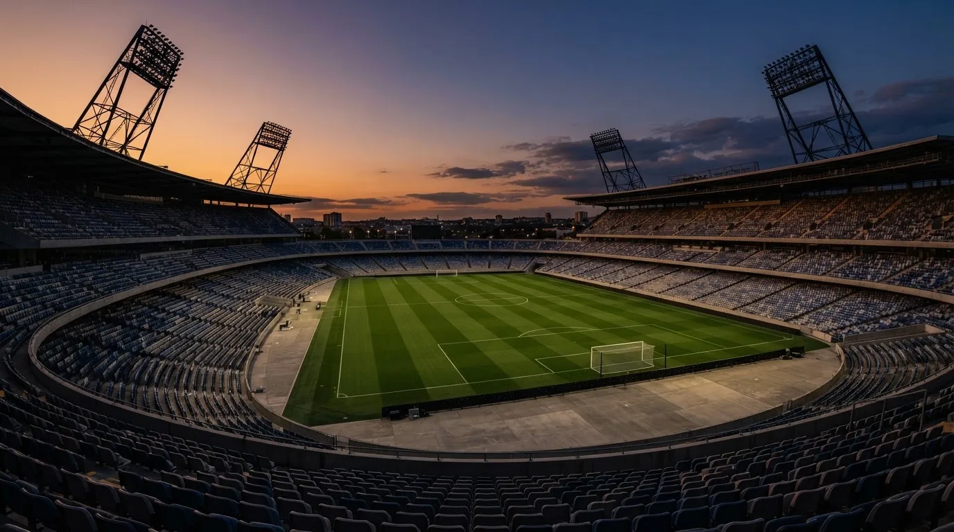 Een leeg voetbalstadion met lichtmasten bij schemering
