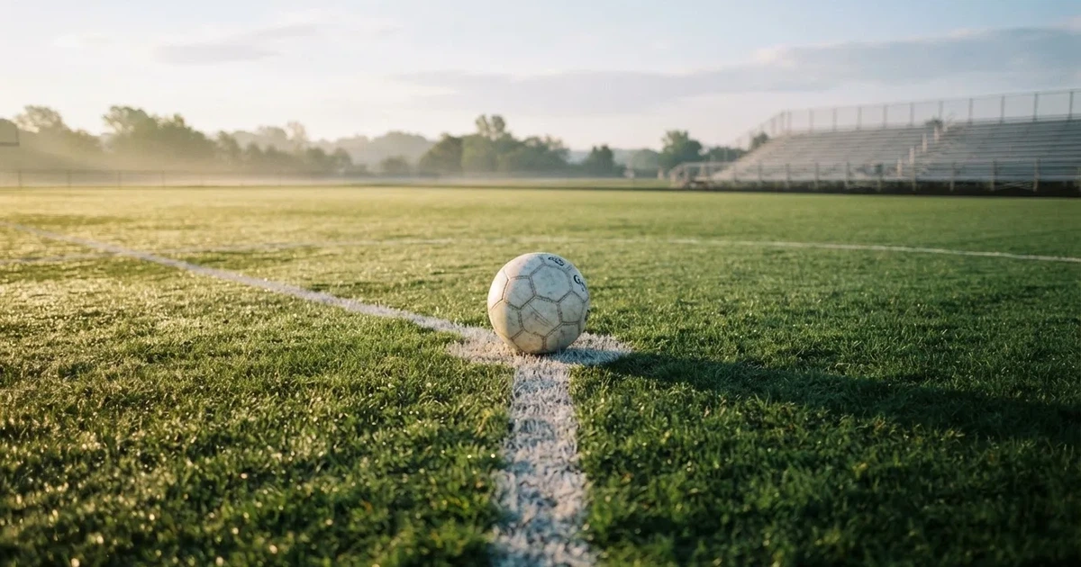 Een voetbal op de middenstip van een grasveld in het ochtendlicht