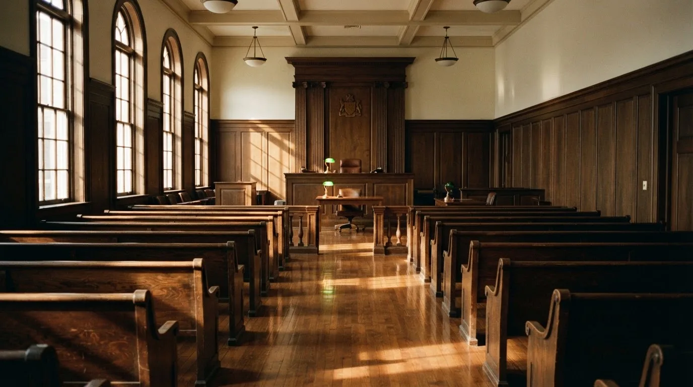 Een lege rechtszaal met houten banken in het ochtendlicht