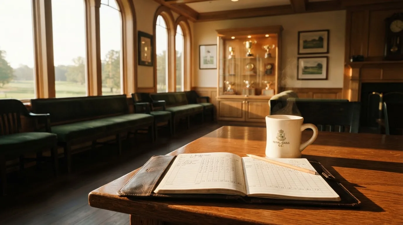 Een lege rechtszaal met houten banken in het ochtendlicht