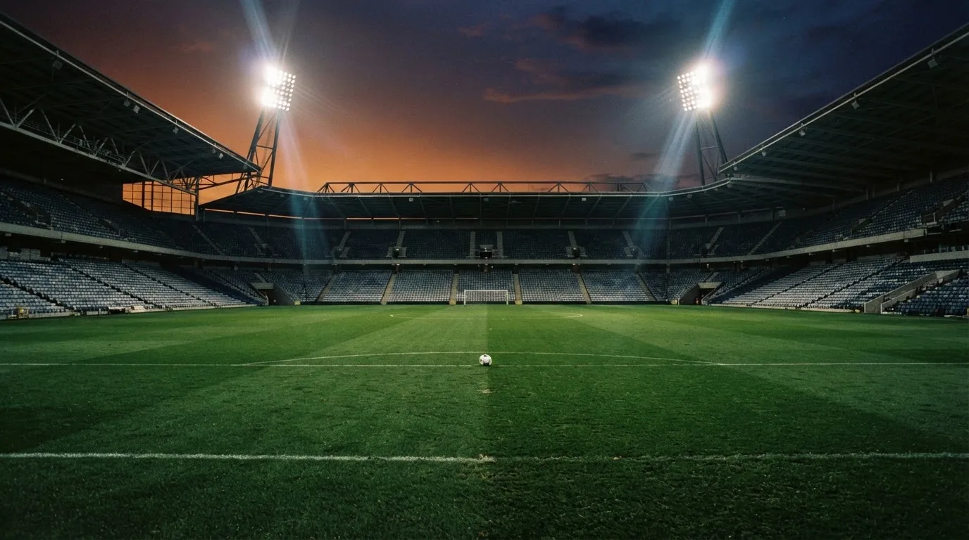 Een leeg voetbalstadion met lichtmasten bij schemering