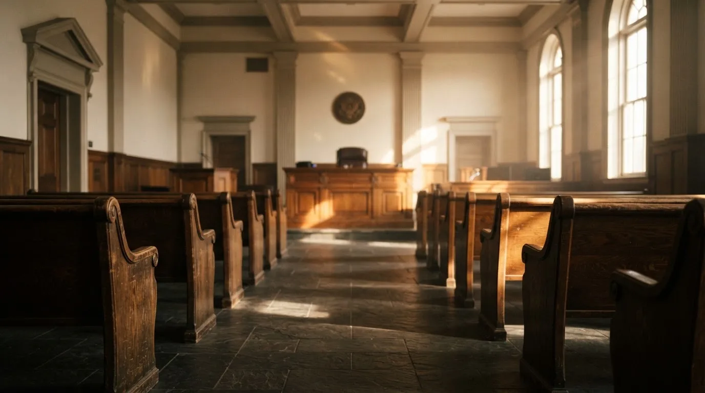 Een lege rechtszaal met houten banken in het ochtendlicht