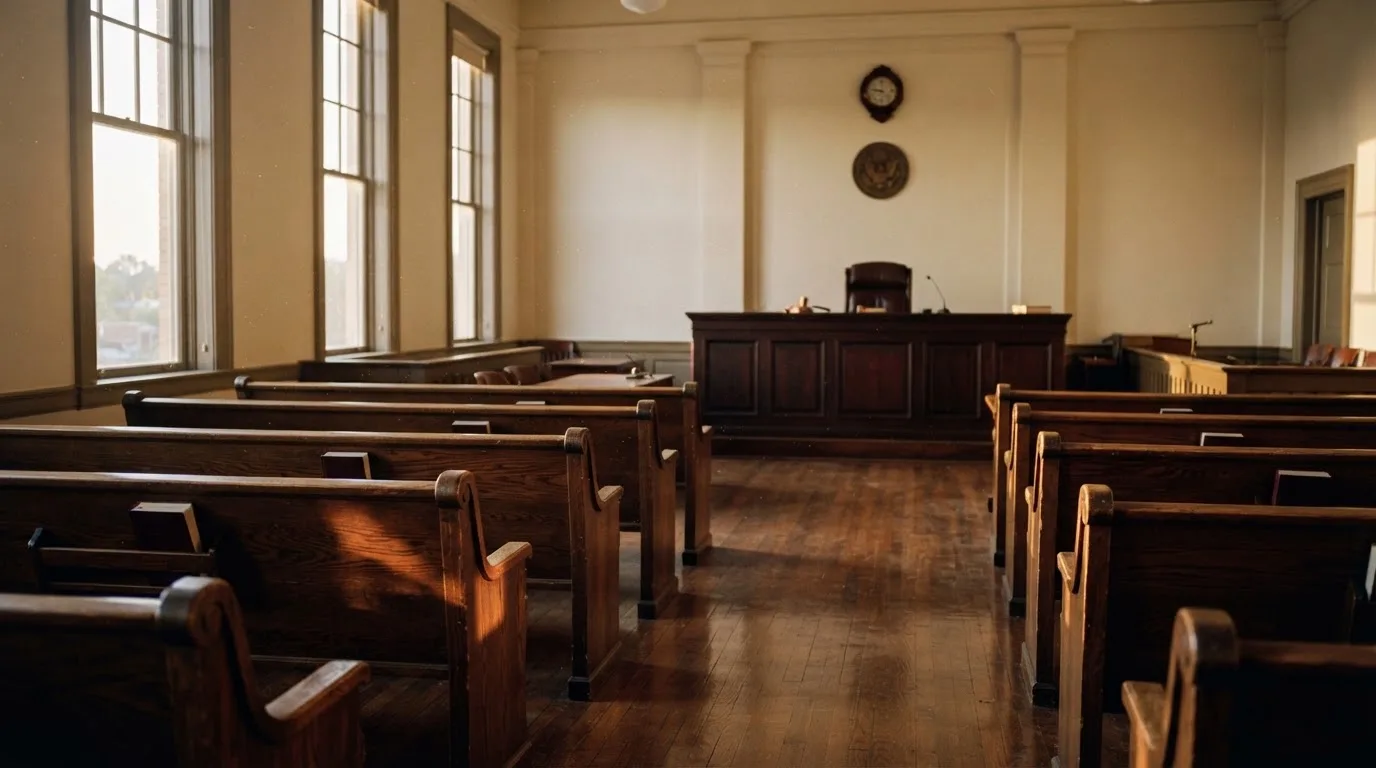 Een lege rechtszaal met houten banken in het ochtendlicht