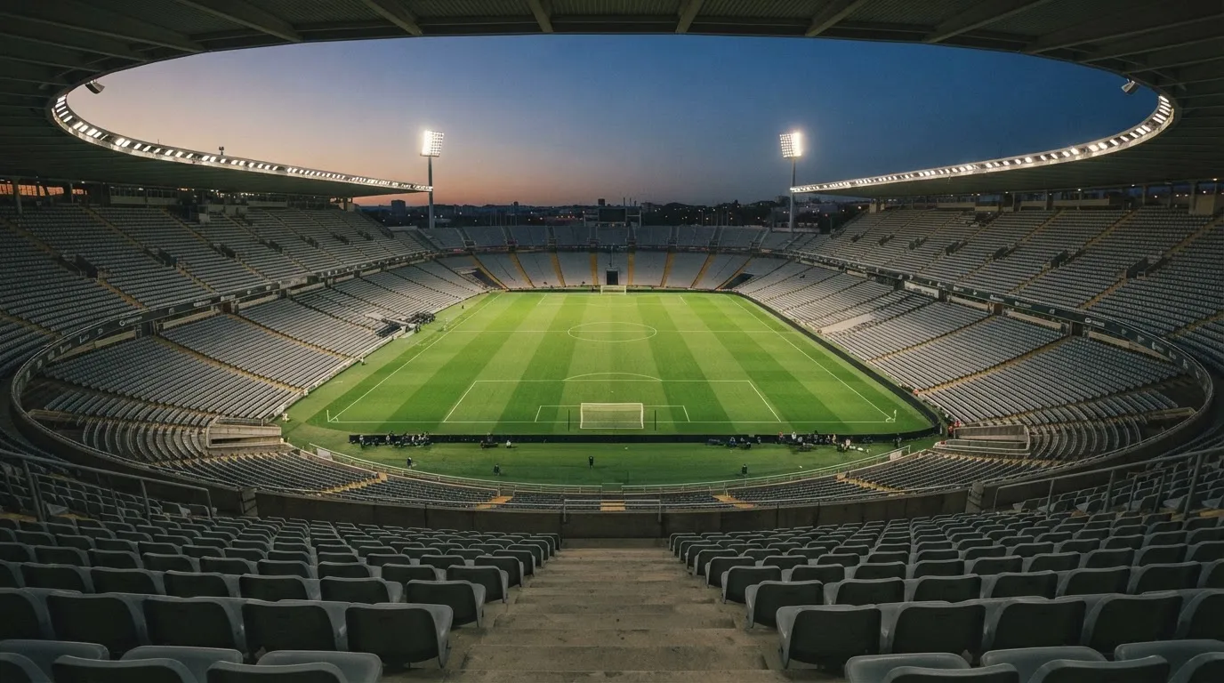 Een leeg voetbalstadion met lichtmasten bij schemering