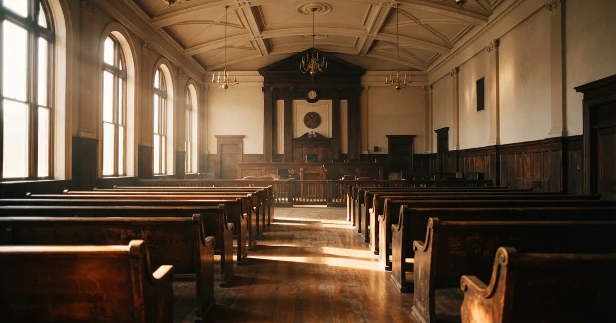Een lege rechtszaal met houten banken in het ochtendlicht