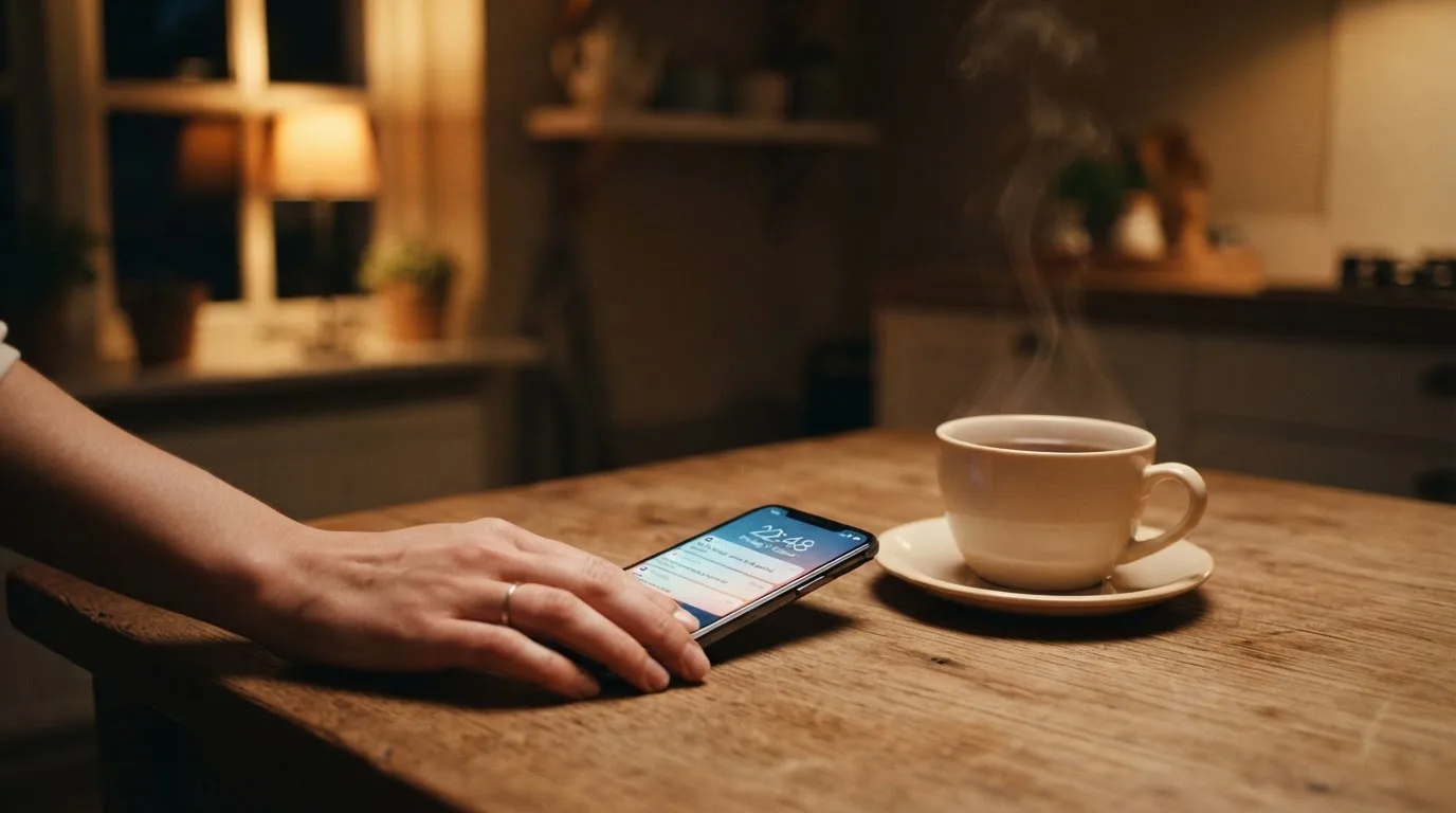 Een hand legt een smartphone naast een kopje thee op een keukentafel, een rustige avond