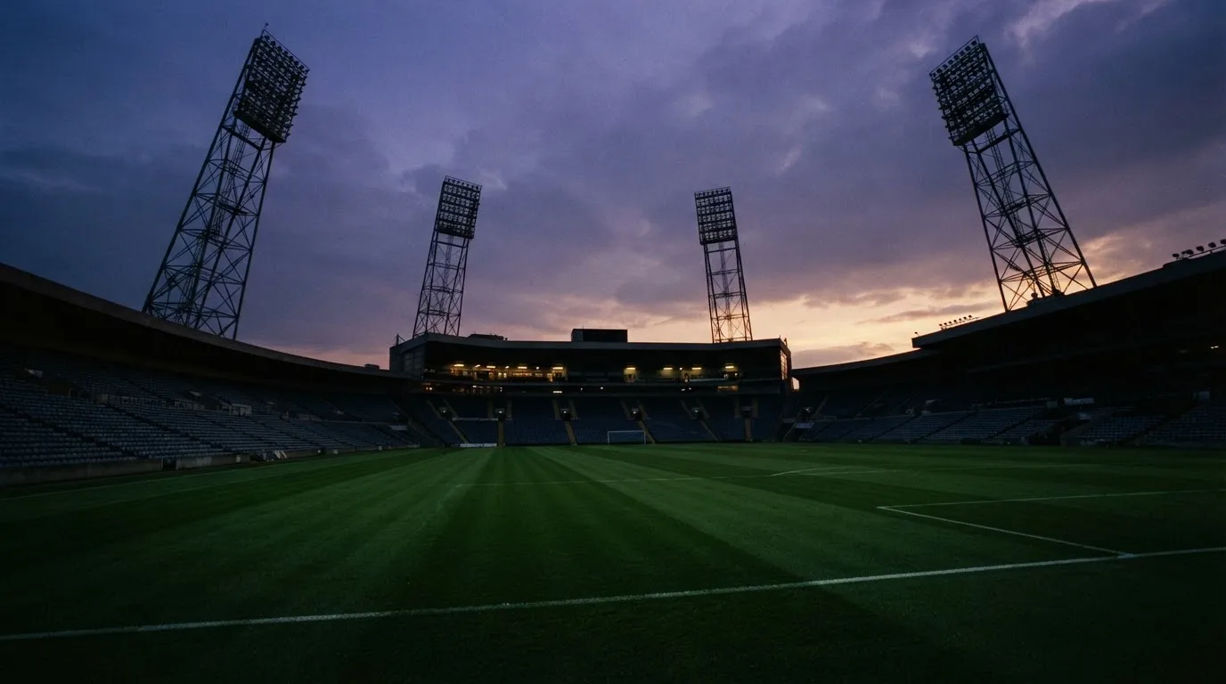 Een leeg voetbalstadion met lichtmasten bij schemering