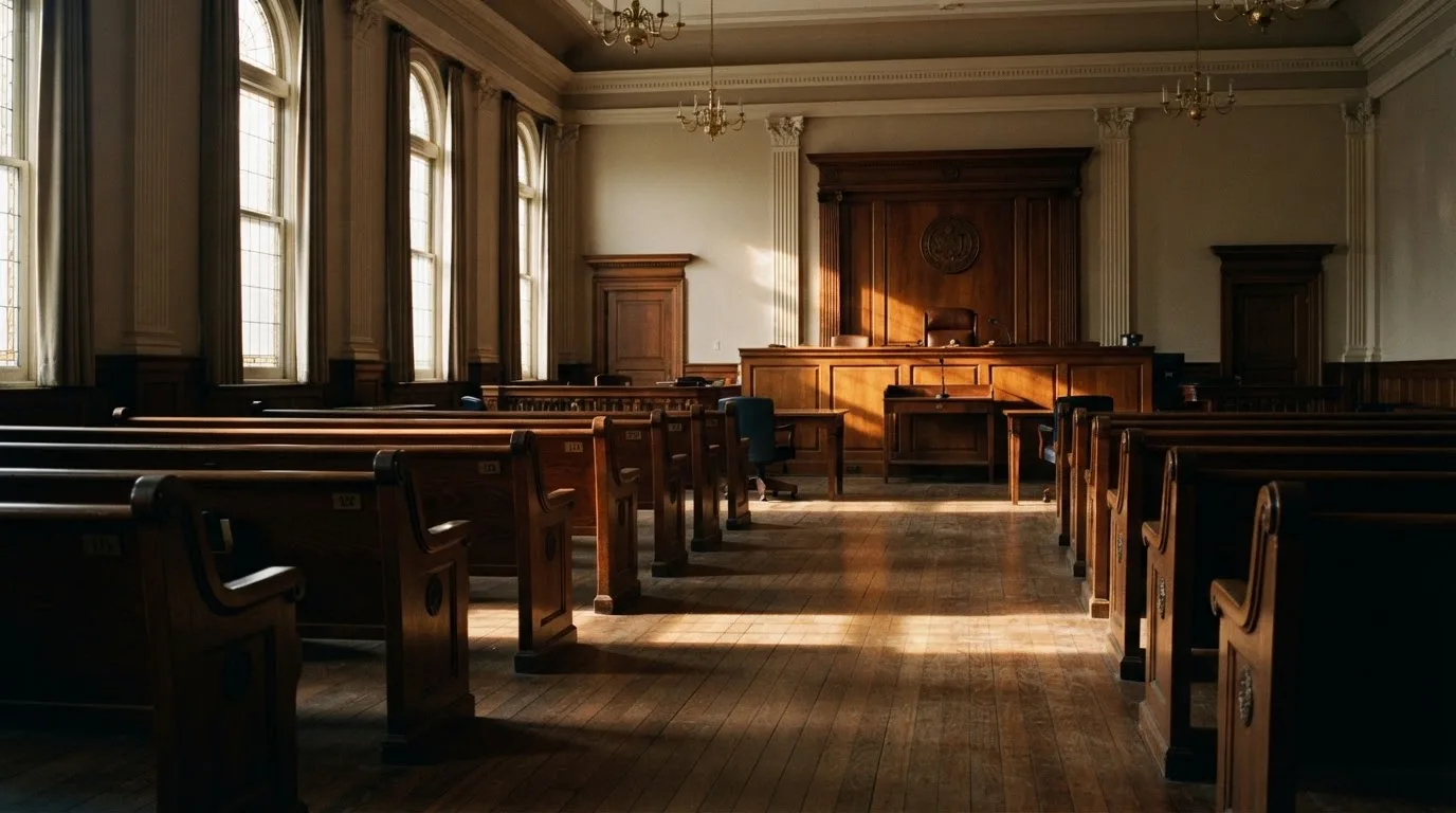 Een lege rechtszaal met houten banken in het ochtendlicht