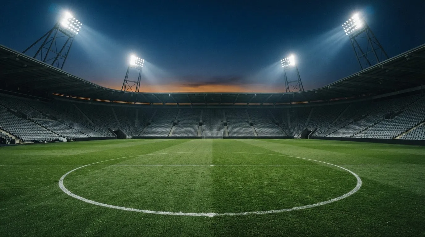 Een leeg voetbalstadion met lichtmasten bij schemering