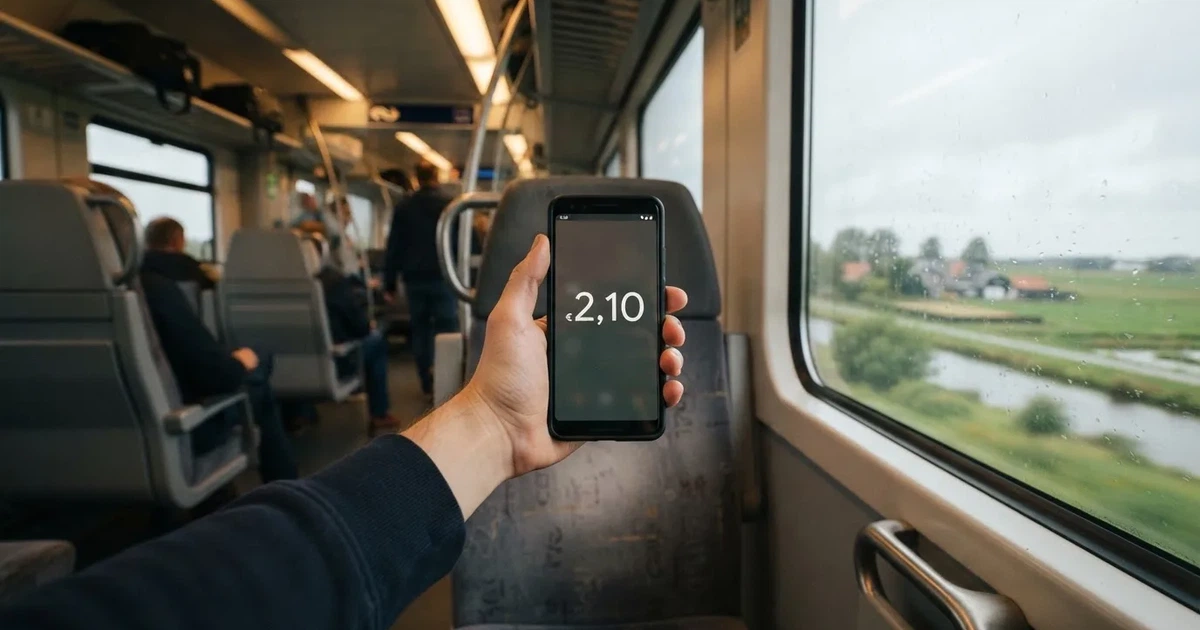 Een hand houdt een smartphone vast in de trein, het scherm van de camera afgewend