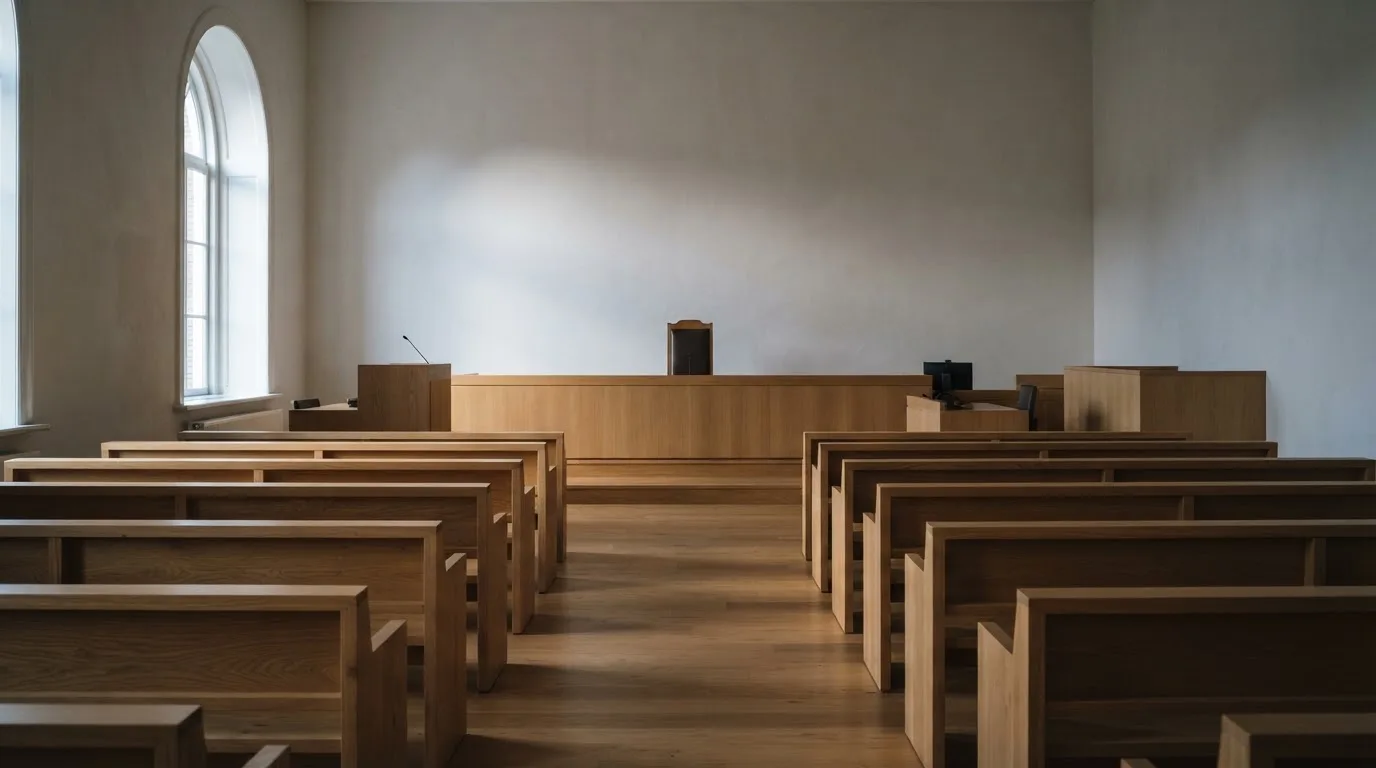 Een lege rechtszaal met houten banken in het ochtendlicht