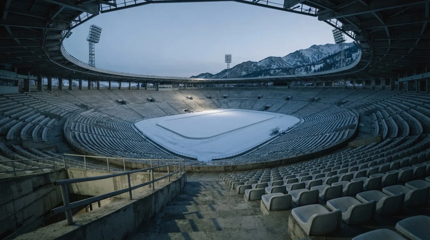 Een leeg voetbalstadion met lichtmasten bij schemering