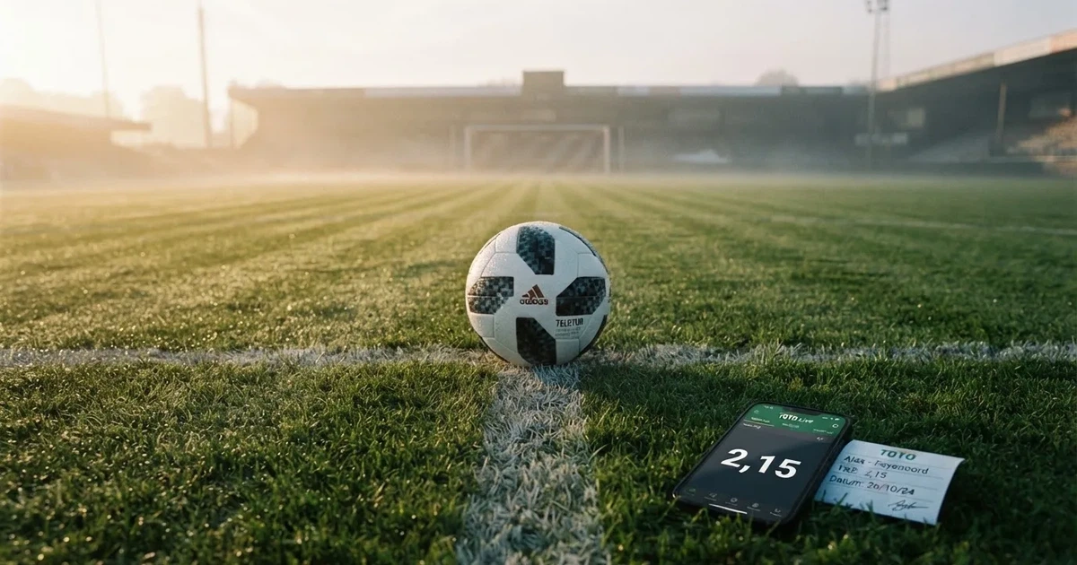 Een voetbal op de middenstip van een grasveld in het ochtendlicht