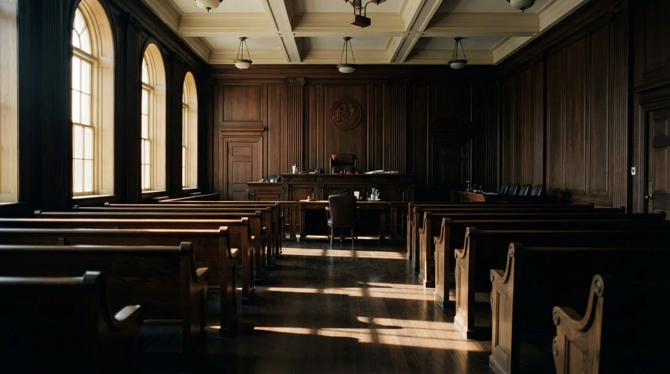 Een lege rechtszaal met houten banken in het ochtendlicht