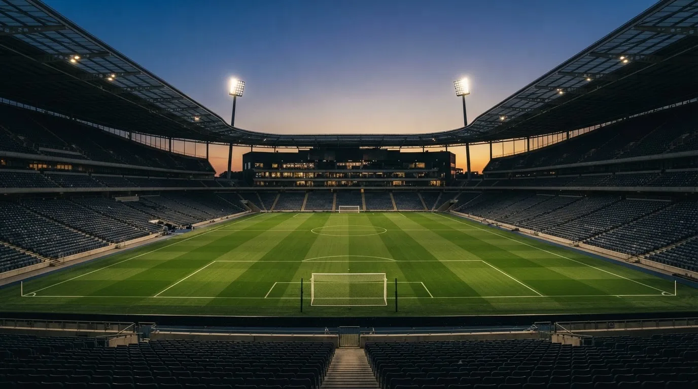 Een leeg voetbalstadion met lichtmasten bij schemering