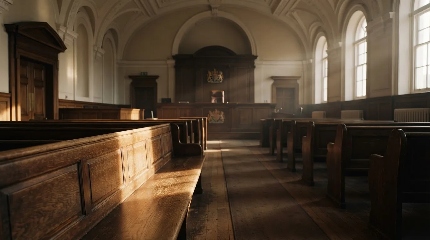 Een lege rechtszaal met houten banken in het ochtendlicht