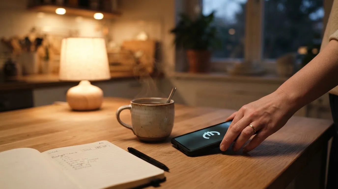 Een hand legt een smartphone naast een kopje thee op een keukentafel, een rustige avond