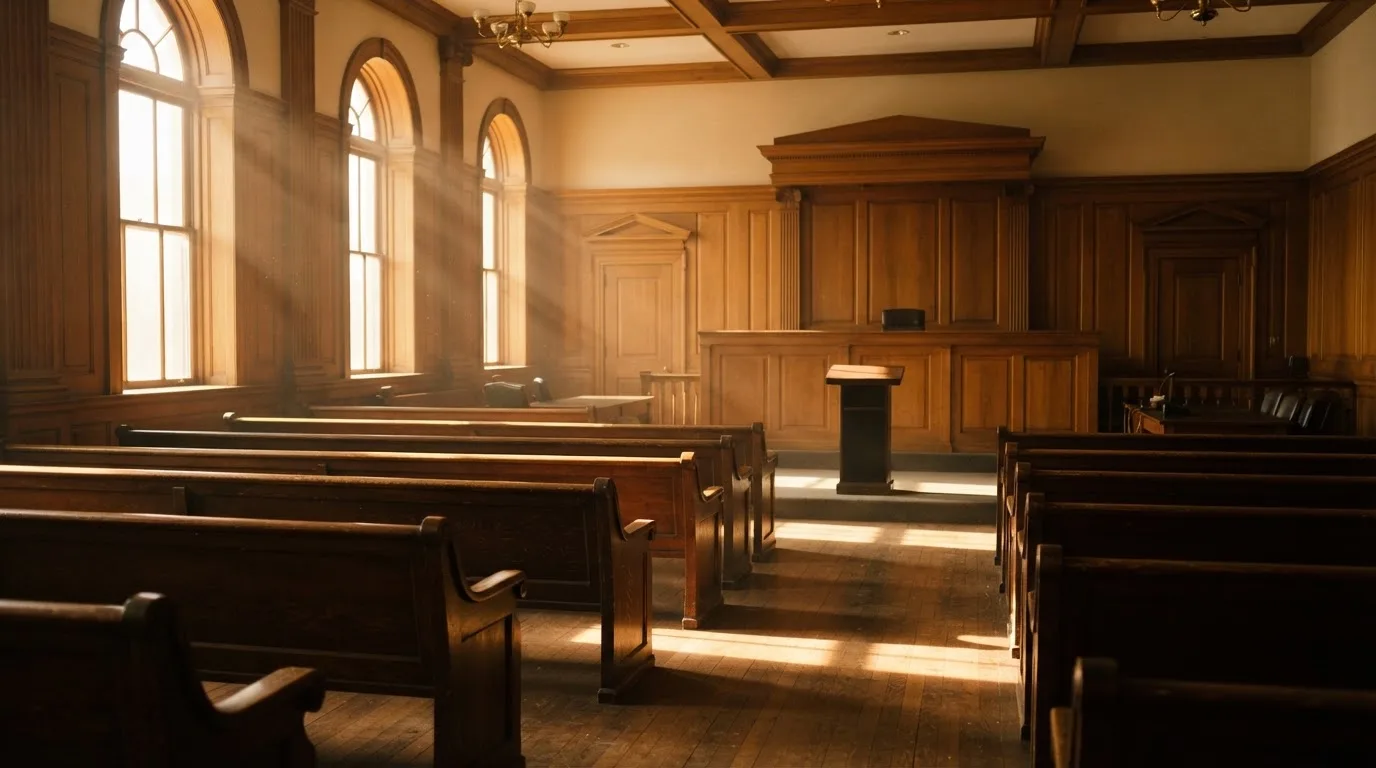 Een lege rechtszaal met houten banken in het ochtendlicht
