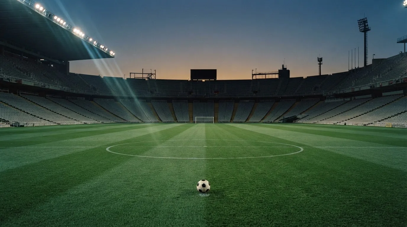 Een leeg voetbalstadion met lichtmasten bij schemering