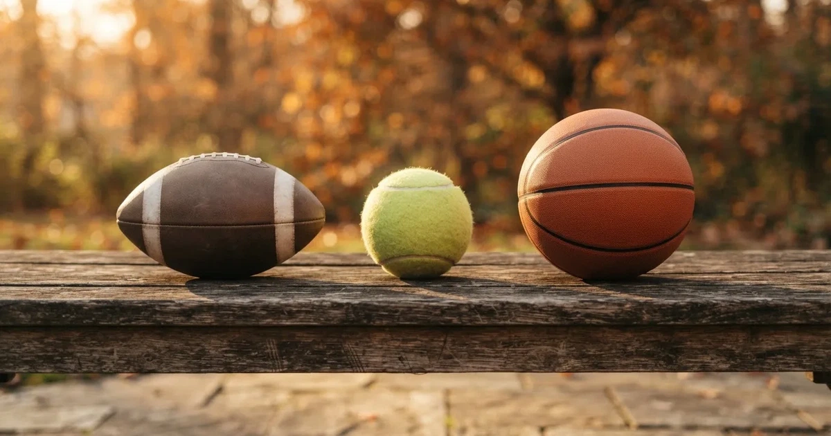 Drie ballen van verschillende soorten naast elkaar op een houten bank