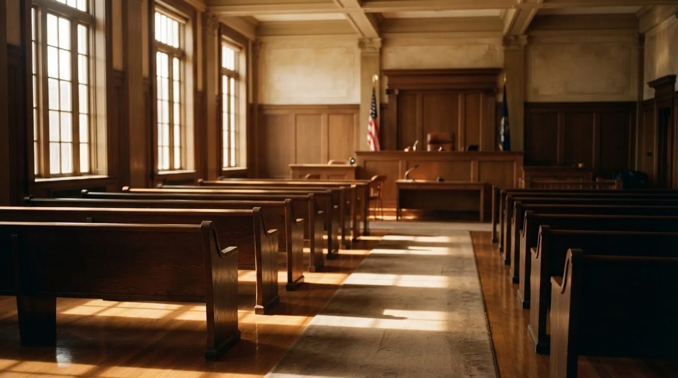 Een lege rechtszaal met houten banken in het ochtendlicht