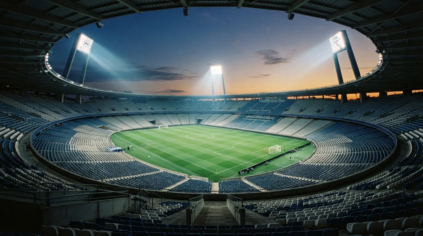 Een leeg voetbalstadion met lichtmasten bij schemering