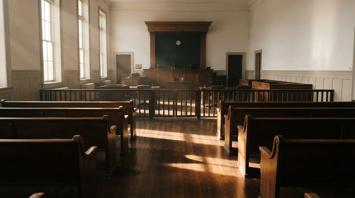 Een lege rechtszaal met houten banken in het ochtendlicht