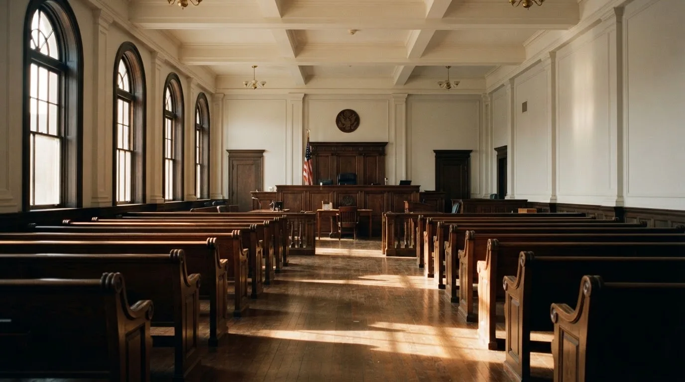 Een lege rechtszaal met houten banken in het ochtendlicht