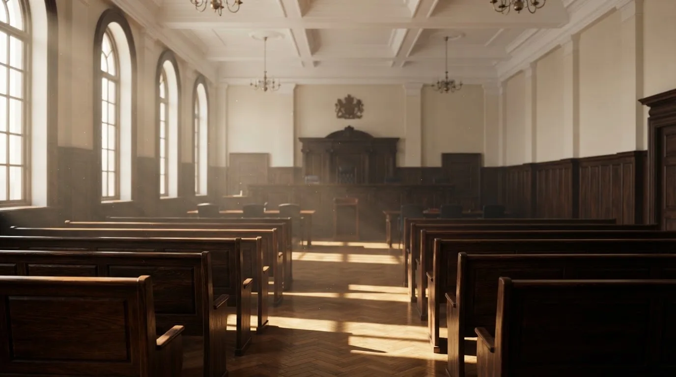 Een lege rechtszaal met houten banken in het ochtendlicht