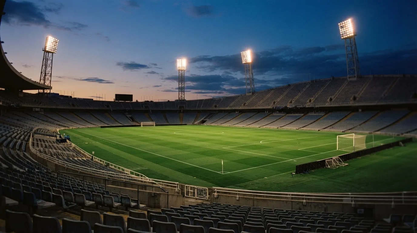 Een leeg voetbalstadion met lichtmasten bij schemering