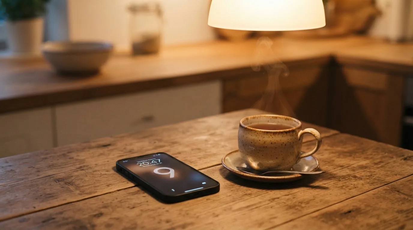 Een hand legt een smartphone naast een kopje thee op een keukentafel, een rustige avond