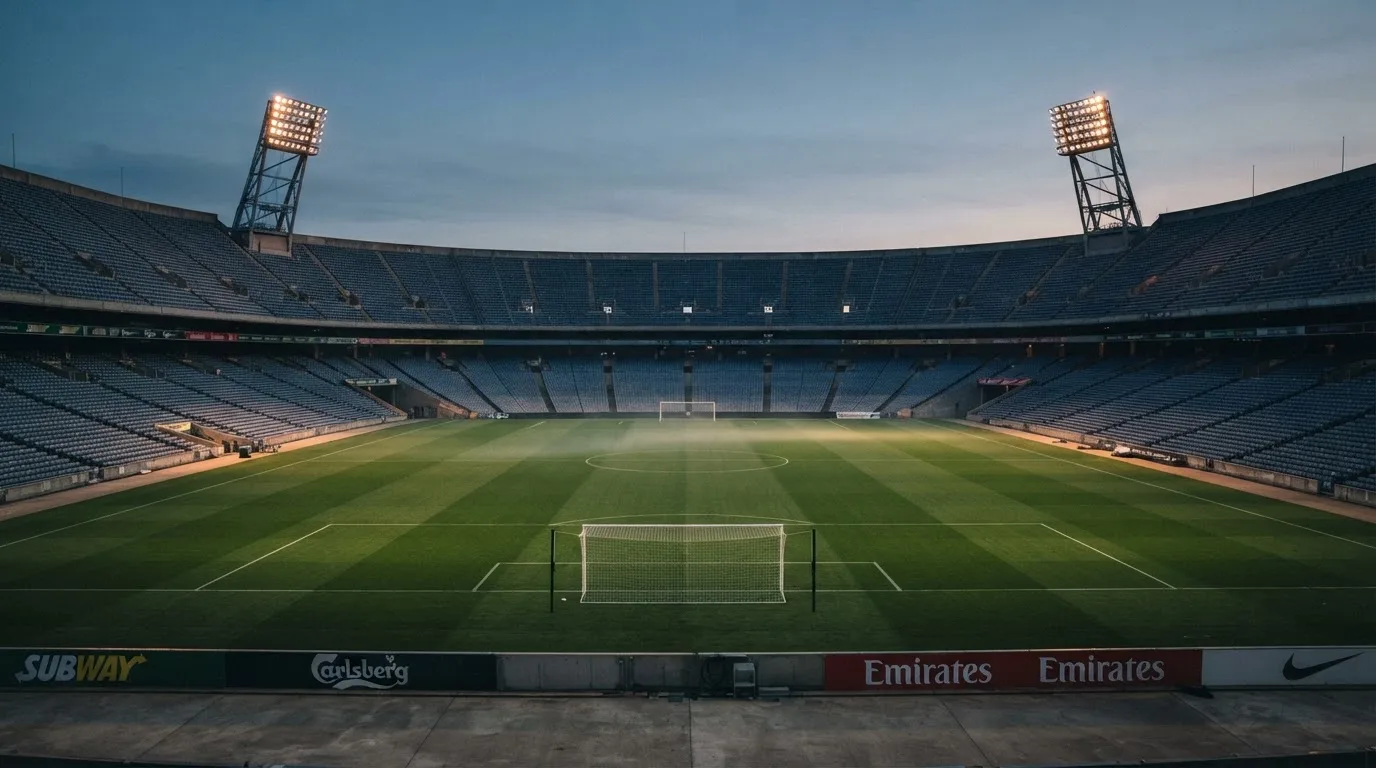 Een leeg voetbalstadion met lichtmasten bij schemering