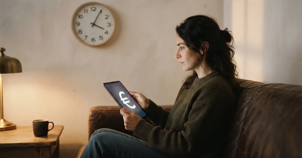 Een persoon op de bank kijkt peinzend naar een tablet, op de achtergrond een klok aan de muur