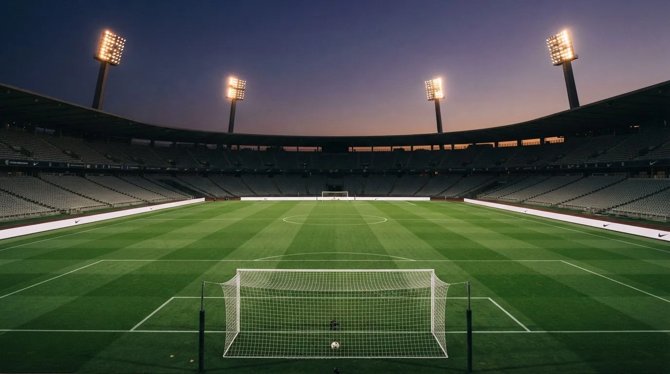 Een leeg voetbalstadion met lichtmasten bij schemering
