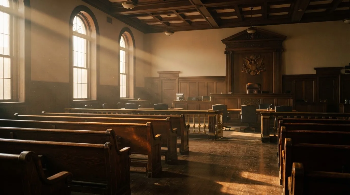 Een lege rechtszaal met houten banken in het ochtendlicht