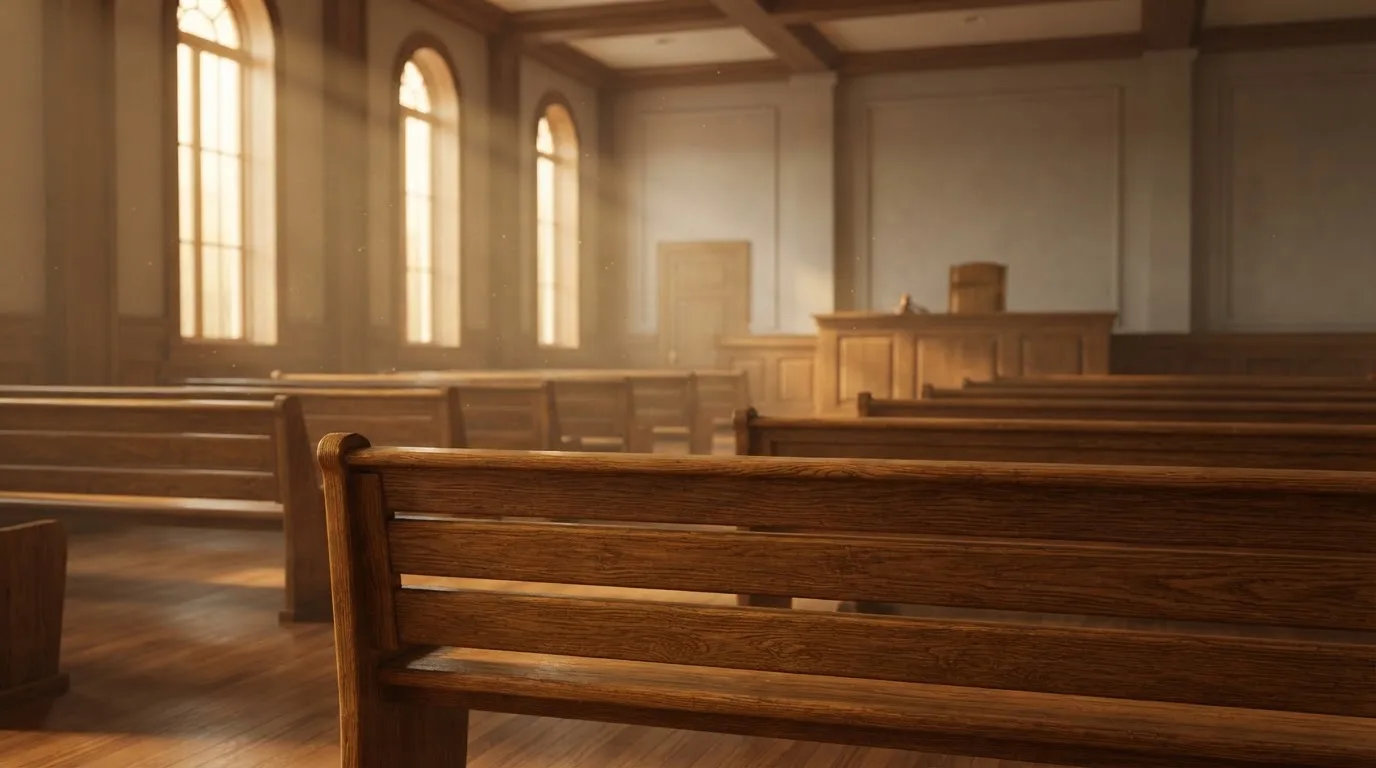 Een lege rechtszaal met houten banken in het ochtendlicht