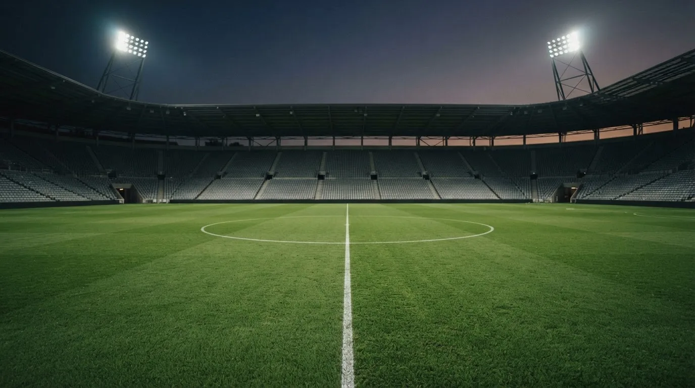 Een leeg voetbalstadion met lichtmasten bij schemering