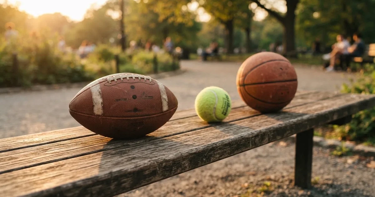 Drie ballen van verschillende soorten naast elkaar op een houten bank