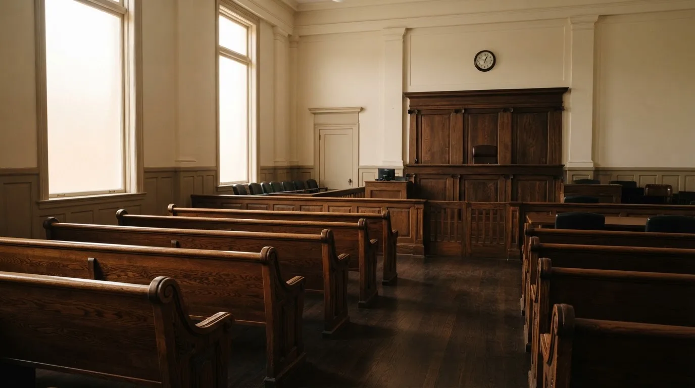 Een lege rechtszaal met houten banken in het ochtendlicht