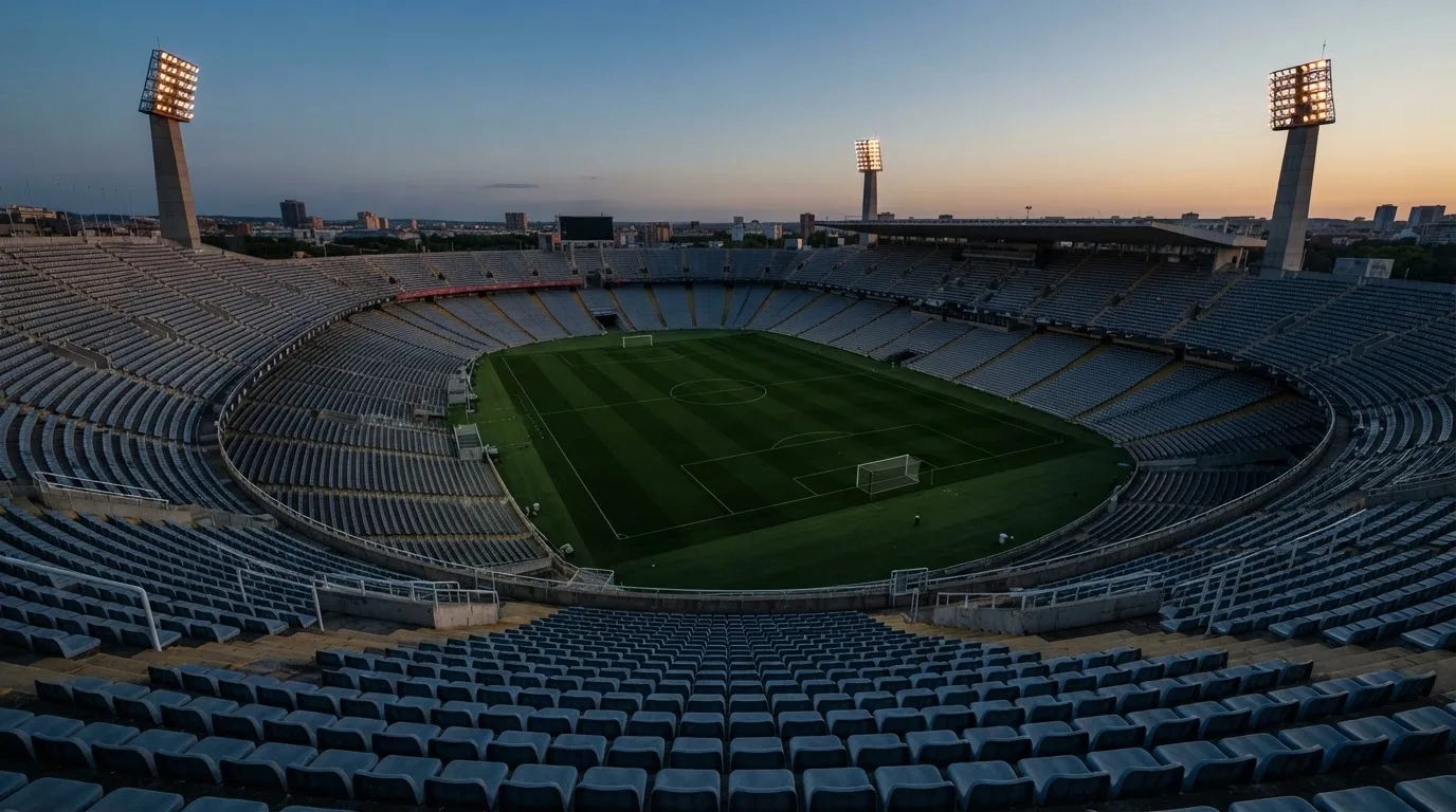 Een leeg voetbalstadion met lichtmasten bij schemering